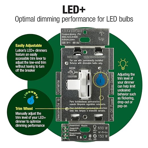 Lutron Ariadni/Toggler LED+ Dimmer Light Switch for Dimmable LED, Halogen and Incandescent Dimmer Switch, 150W, Single-Pole/3-Way, AYCL-153P-IV, Ivory