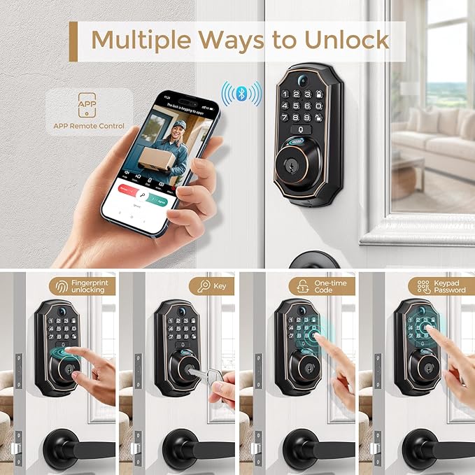 WiFi Video Smart Lock with Camera & Doorbell - 5-in-1 Keyless Entry, Fingerprint, Keypad, App Control, Two-Way Audio, Auto Lock, Waterproof, Easy Installation