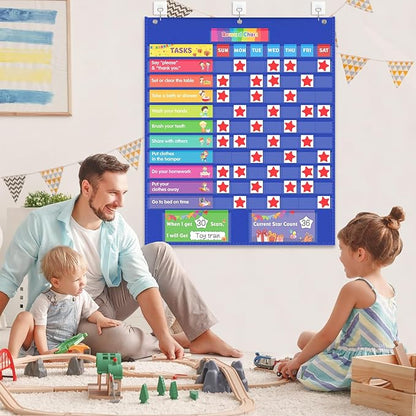 EAMAY Responsibility Pocket Chart | Toddler Routine, Kids Reward Board, Chores Chart, Visual Schedule, Autism Learning Materials for Home School, 129 Cards (32.5''x 25")