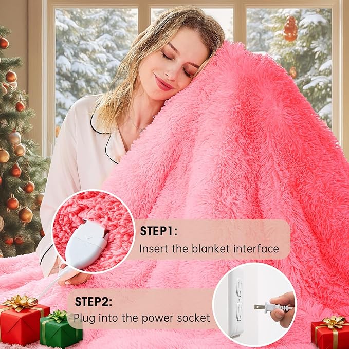 Heated Electric Blanket Twin,Warm Winter Birthday Gifts for Women Her Grandma–Faux Fur with Soft Sherpa,10 Heat Settings,5 Time Settings with Fast Heating, 62x84, Baby Pink