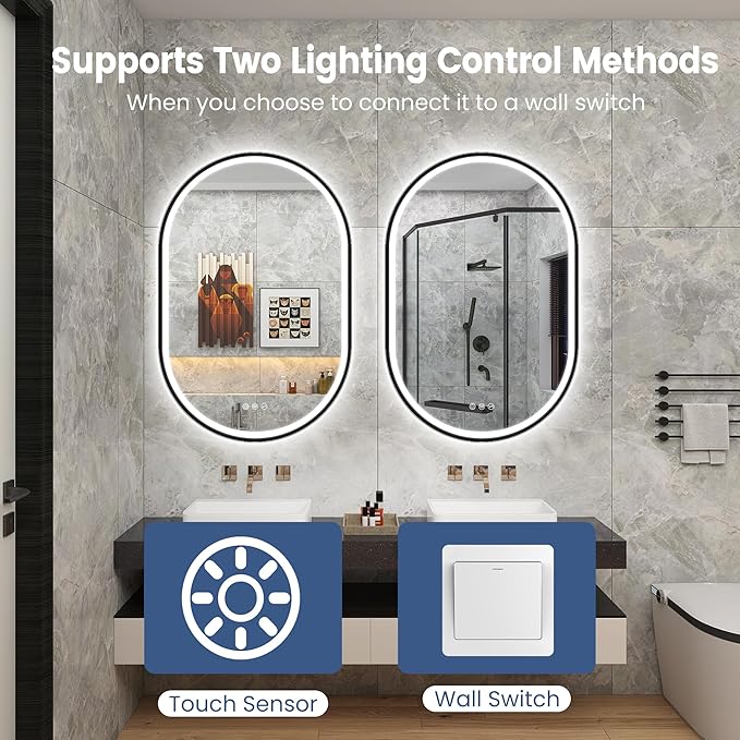 STARLEAD 24"x36" LED-Bathroom-Mirror-with-Lights, Wall-Mounted with Bluetooth, Anti-Fog, 3 Color Temperature Dimmable Brightness, Waterproof, Tempered Glass, Frontlit & Backlit, Black Frameless Oval