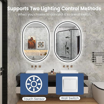 STARLEAD 24"x36" LED-Bathroom-Mirror-with-Lights, Wall-Mounted with Bluetooth, Anti-Fog, 3 Color Temperature Dimmable Brightness, Waterproof, Tempered Glass, Frontlit & Backlit, Black Frameless Oval