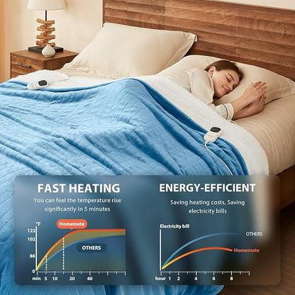 Homemate Electric Heated Blanket King Size - 100"x90" Heating Blanket King Size Dual Control 1/2/4/6/8 Hours Auto-Off 10 Heat Level Over-Heat Protection Flannel Sherpa ETL Certification