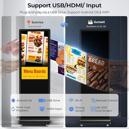 32/43/55/65 Inch Digital Signage Display, LCD Screen Advertising Display Kiosk Interactive Totem Floor Standing Auto AD Player with USB/HDMI/WiFi Android OS (43'' Touch Screen)