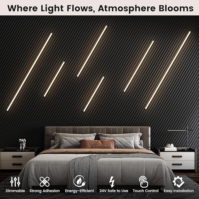 LED Recessed Lighting Kit for Wall Panels - GloryAir 6pcs Adhesive Wall Strip Lights for Interior Wall Decor, 3000K Touchable Switch Lamp for Wood Slat, Wall Accent Acoustic Panels, Kitchen Home stair