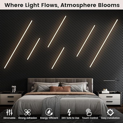 LED Recessed Lighting Kit for Wall Panels - GloryAir 6pcs Adhesive Wall Strip Lights for Interior Wall Decor, 3000K Touchable Switch Lamp for Wood Slat, Wall Accent Acoustic Panels, Kitchen Home stair