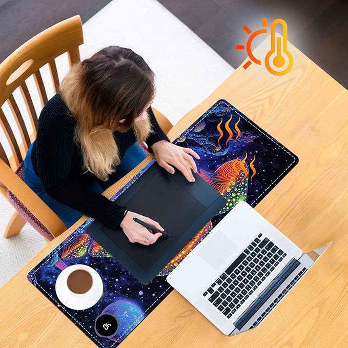 Heated Mouse Pad 31.5x13 in 3-Temp Fast Heating Desk Mat with Auto Timer Warmer for Hands Wrist Pain Relief Waterproof Keyboard Mat for Office, Gaming, Home, Mushroom Galaxy Art