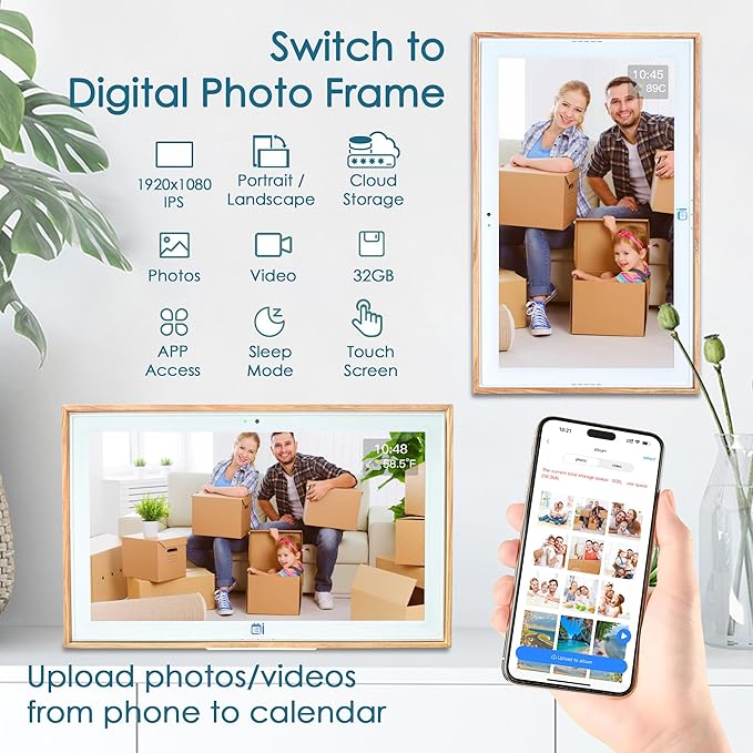 USIN 15.6 inch Wooden Digital Calendar, Wall Touch Screen Home Organizor, Family Chore Charts and Meal Planner, Interactive Display schedule, Desk and Wall Mounted, Electronic Calendars with Free App
