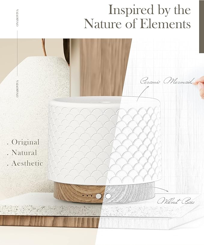 Essential Oil Diffuser, 280ml Ceramic Diffusers for Large Room, Ultrasonic Aromatherapy Diffuser with Cool Mist Humidifier, Quiet and Intelligent Oil Diffusers for Home,Office,Yoga,Bathroom