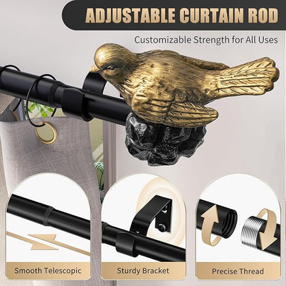 Vintage Gold Curtain Rod 48 to 90 Inches Curtain Rods for Windows Adjustable Drapery Rod with Bird Finials Heavy Duty Curtains Rods for Living Room Bedroom