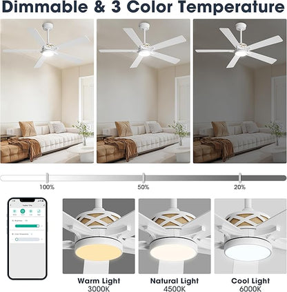 WINGBO 60" Smart Ceiling Fan with Lights, White/Oak Blades, 6 Speeds Reversible DC Motor, Works with Alexa and Google Assistant, 3CCT Dimmable LED Ceiling Fan for Bedroom Living Room, White Finish