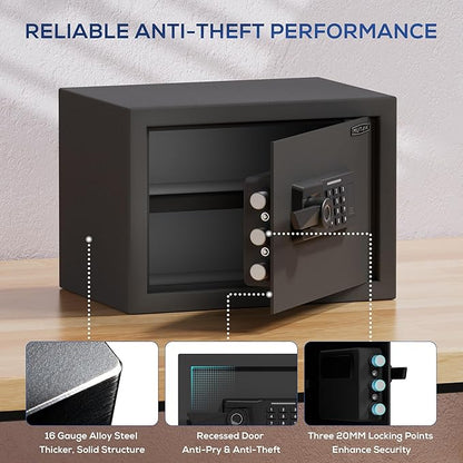 1.0 Cub Biometric Safe Box with Fireproof Bag, Quick-Access Fingerprint Safe with Keys, Digital Keyboard, Type-C Port, Dual Alarm System Safety Box for Home, Office, Hotel Use(Black)