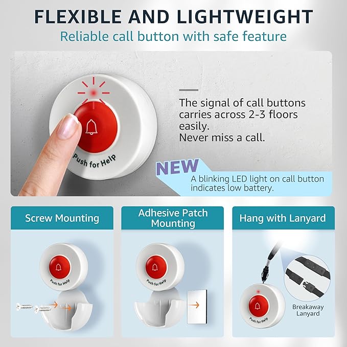 2 Caregiver Pagers with 1 Call Button SOS Alert System for Elderly Seniors Patients Home Care Nurse Call Bed Alarm Emergency Monitoring