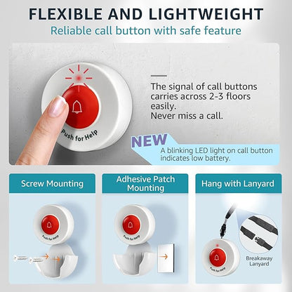 Caregiver Pager Wireless Nurse Call Button for Elderly Home Monitoring Alert System Portable Alarm Bell Seniors Patients Emergency 3 Call Buttons, 2 Pagers