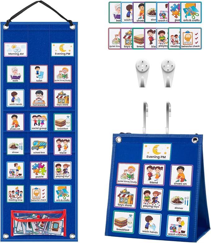 KIKIGOAL Kids Visual Schedule Calendar Chart, 2 in 1 Autism Daily Chore Routine Chart with 70 Cards Autism Learning Materials Kids Visual Behavioral Tool Wall Planner for Home School (Blue)