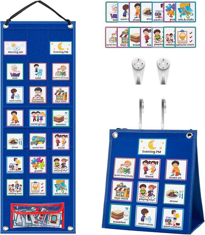 KIKIGOAL Kids Visual Schedule Calendar Chart, 2 in 1 Autism Daily Chore Routine Chart with 70 Cards Autism Learning Materials Kids Visual Behavioral Tool Wall Planner for Home School (Blue)