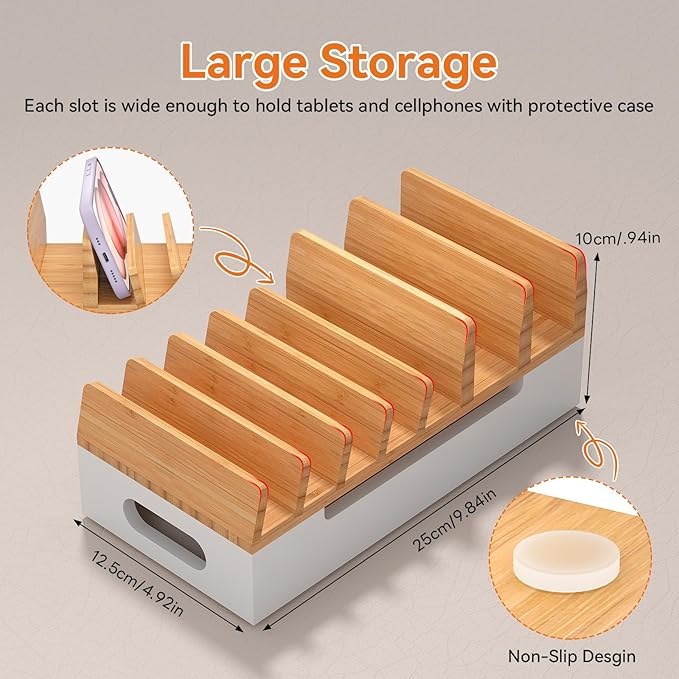 Pezin & Hulin Bamboo Charging Station with Watch Stand, Docking Holder for Multi Device with USB Charger HUB, 5 Charge Cables, Desktop Electronic Organizer for Phone, Tablet, Watch-Natural + White