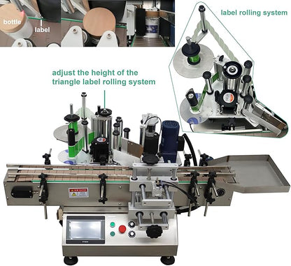 Automatic Round Bottle Labeling Machine Label Sticking Pasting Machine with Conveyor Bottle Diameter 0.78-4.72inch 360°Labeling