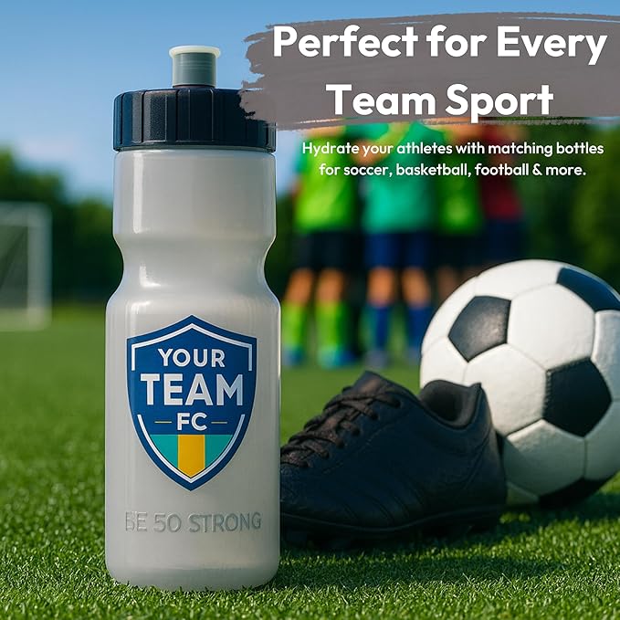 50 Strong Sports Water Bottles – Reusable 22 oz BPA-Free Plastic Bottles with Pull Top Cap – Made in USA – Top Rack Dishwasher Safe – Fits Most Bike Cages Brand