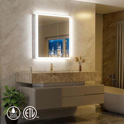 36x30 LED Medicine Cabinet Mirror with Double Lights-Front & Backlit, 155°Soft-close Hinge, Surface or Recessed Dimmable Lighted Medicine Cabinet Mirror with Clock Outlet Inner Light,Anti-fog