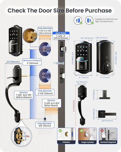 Veise VE027-H WiFi Fingerprint Smart Deadbolt Lock with Handleset, App Remote Control, Keyless Entry Front Door Lock Set, Built-in Wi-Fi, Touchscreen Keypad, Auto-Lock, Easy Setup, Matte Black