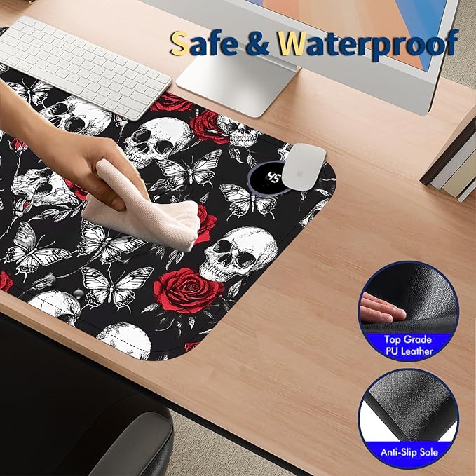 Heated Mouse Pad with 3 Temperature Settings(104°F–122°F),Large 24x14.2 Inch PU Leather Heated Desk Mat,Waterproof Warming Pad for Office,Gaming & Cold Hands Relief,Skeleton Skull Rose