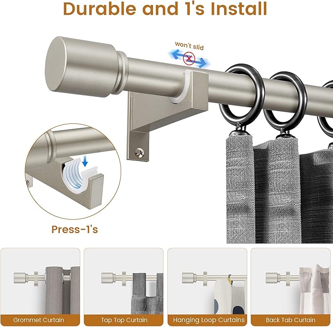 Nickel Aluminium Curtain Rods for Windows,1 Inch Adjustable Curtain Rod 32 to 45 Inch,Heavy Duty Drapery Rods with Thicken Bracket,Modern Single Rod with Aluminium Finials