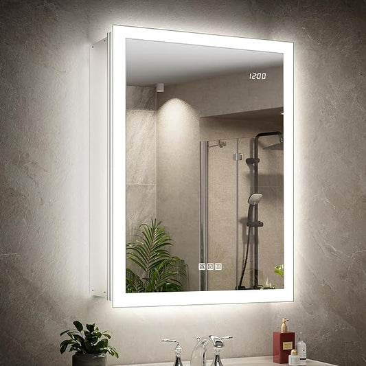 20x26 Medicine Cabinet Mirror with Double Lights & Clock, Front+Backlit Surface or Recessed Fogless Lighted Medicine Cabinet Mirror, 155°Soft-close Right Hinge,Time-Display,Outlet,Inner Light