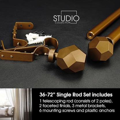 1-1/8 Inch Diameter Aged Bronze Curtain Rod with Geometric Faceted Finials, 36-72'' Telescoping Single Curtain Rods for window width 24-68 inch, 1 pack