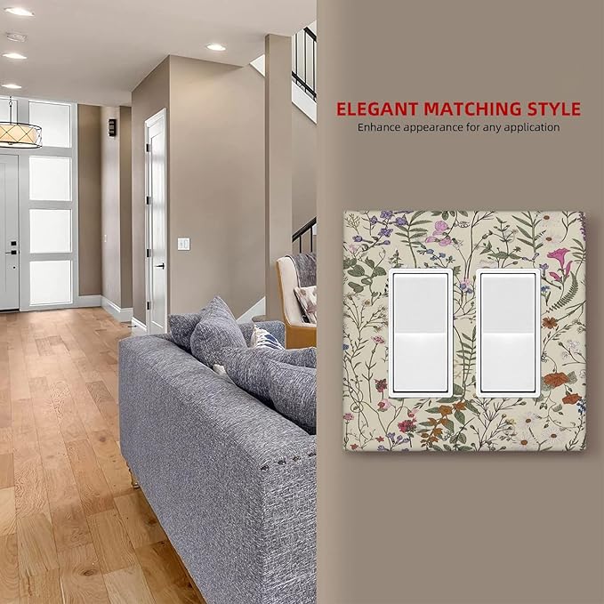 Decorative Outlet Covers Rustic Beige Wildflower Flowers 2 Gang Wall Plate Double Rocker Two Switch Wall Cover Plate Jumbo Dual GFCI Faceplate for Country Bedroom Home Decor