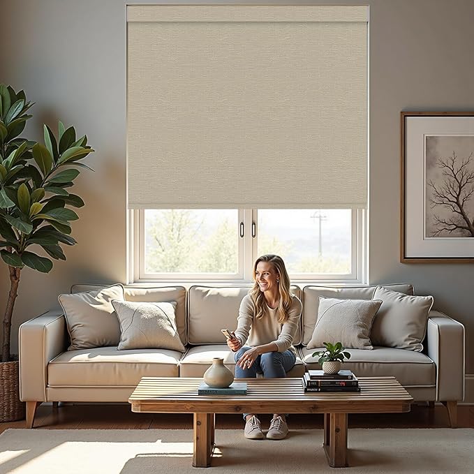 Motorized Roller Blinds with Remote, 100% Blackout Automatic Roller Shades for Bedroom, Bathroom, and Living Room, Customized Size, Golden Autumn Beige
