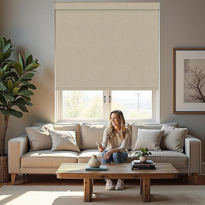 Motorized Roller Blinds with Remote, 100% Blackout Automatic Roller Shades for Bedroom, Bathroom, and Living Room, Customized Size, Golden Autumn Beige