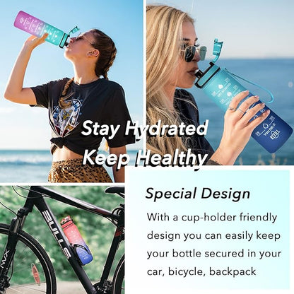 Enerbone Water Bottle, Leakproof BPA & Toxic Free, Motivational Water Bottle with Times to Drink and Straw, Fitness Sports Water Bottle with Strap for Office, Gym, Outdoor Sports