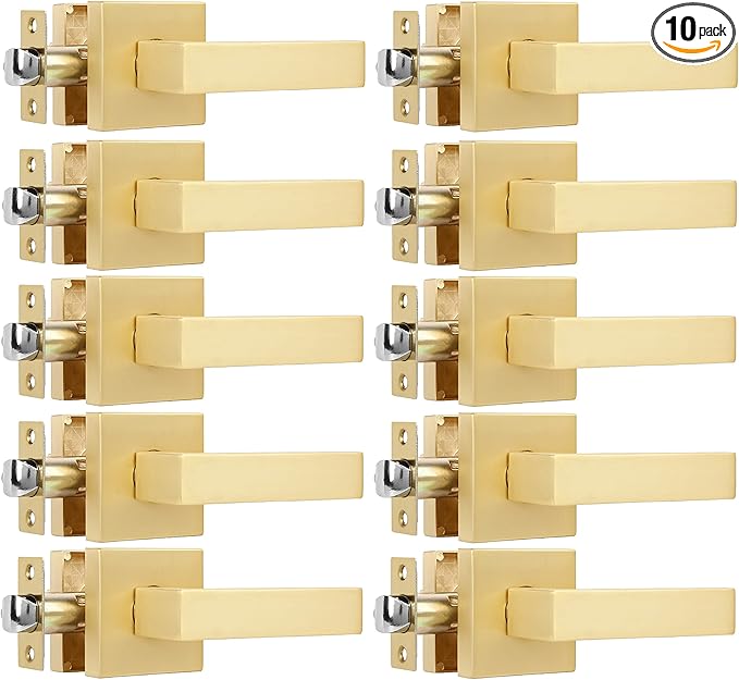 10 Pack Heavy Passage Door Levers Keyless Modern Stain Brass Door Lock Hardware, Left/Right Hand Reversible, Interior Locks for Hall or Closet Door Handles Non-Locking Lever Set