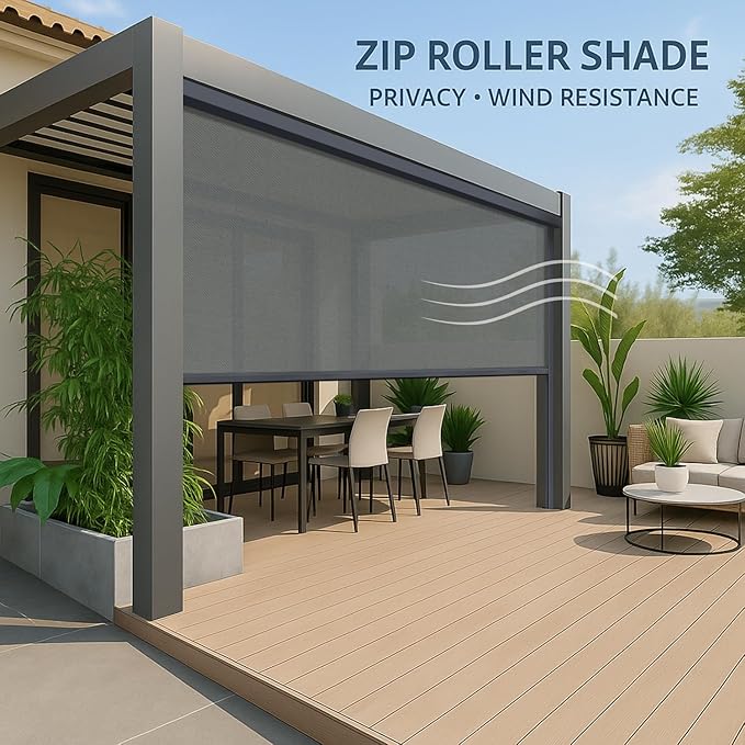 ZSHINE Hard-Wired Outdoor Weatherproof Motorized Patio Roller Shades Remote Control for Porch Balcony Customized Size (Grey 5% Openness)