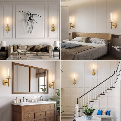 15" Knurled Brass Wall Sconce with Clear Glass Tube, Gold Bathroom Vanity Light Fixtures, Modern Lamp Lighting for Bedroom, Living Room, Hallway, Staircase, Mirror, Kitchen