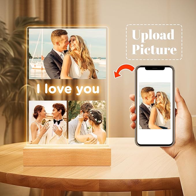 Custom Picture Frames with Photo, Personalized Photo Frame with Night Light, Customized Gifts for Girlfriend Boyfriend, Personalized Anniversary Valentines Day Gifts for Women Men Her Him Couple