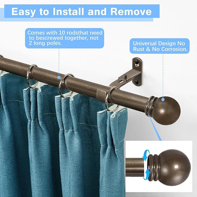 Curtain Rods for Windows 16 to 150 Inches, Curtain Rod Max Adjustable Length of 160 IN, 6/8" Diameter Drapery Rods Round Finials, Brown, Pack of 1