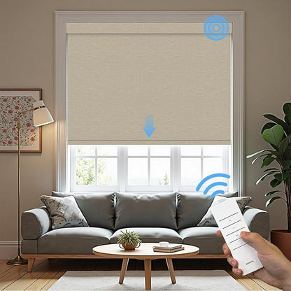 Motorized Roller Blinds with Remote, 100% Blackout Automatic Roller Shades for Bedroom, Bathroom, and Living Room, Customized Size, Golden Autumn Beige