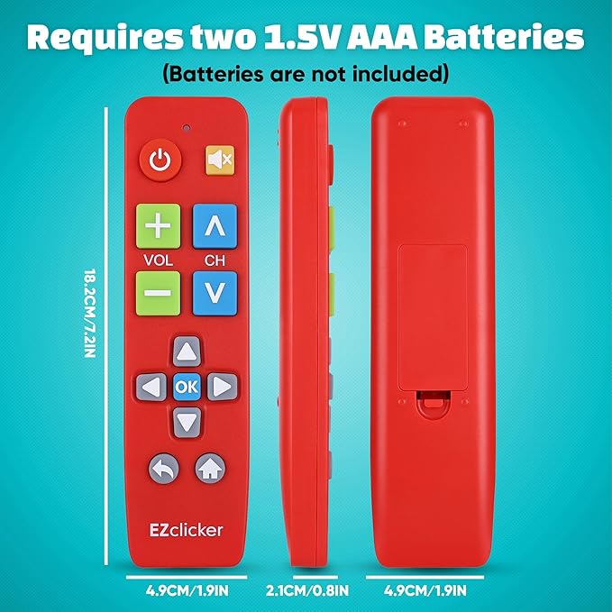 Plus Big Button Universal TV Remote (Red) Simple Easy to Use, Works with Major TV Brands (2xAAA Batteries Not Included)