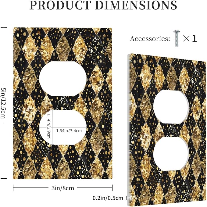 Gold Black Marble Geometric Plaid Glitter Outlet Covers 1 Gang Duplex Light Switch Cover Wall Plate Decorative Switch Plates Electrical Receptacle Faceplate for Bedroom Bathroom Decor