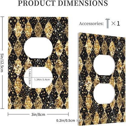 Gold Black Marble Geometric Plaid Glitter Outlet Covers 1 Gang Duplex Light Switch Cover Wall Plate Decorative Switch Plates Electrical Receptacle Faceplate for Bedroom Bathroom Decor