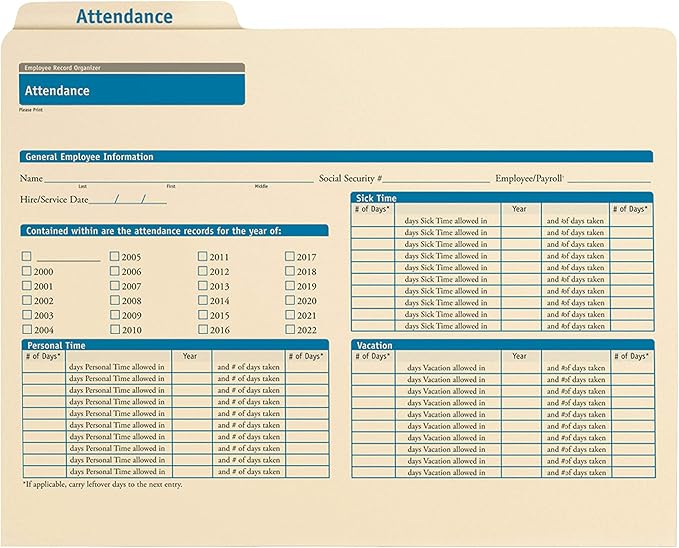 ComplyRight Attendance Folders | 11.75” x 9.5” | HR and Employee Management | 25-Pack