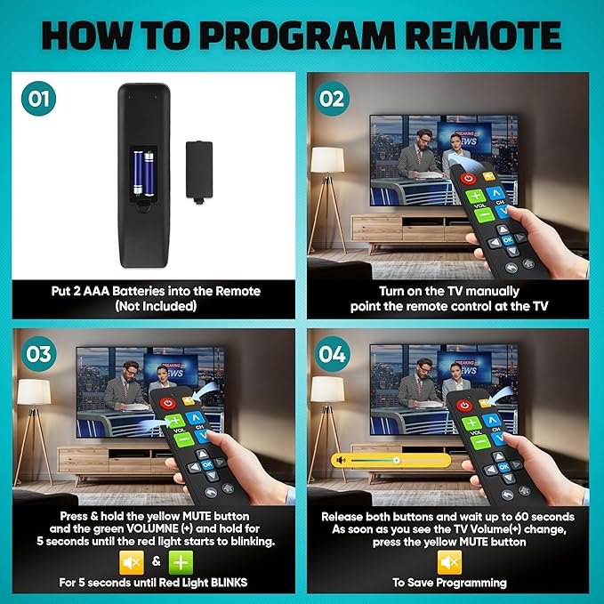 Big Button Universal TV Remote (Black) Simple Easy to Use, Great for Seniors, Works with Major TV Brands (2xAAA Batteries Not Included)