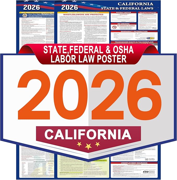 2026 California State and Federal Labor Laws Poster Set- OSHA Compliant UV Waterproof Laminated 17" x 40" English Version 2PCS Folded - All in One Compliance Posting