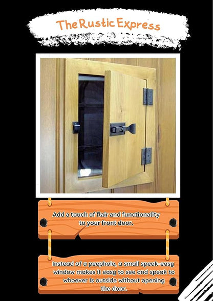The Rustic Express, Speak-Easy Door Latch and Decorative Hinge Kit Includes 1 Speak-Easy Latch, 2 Butterfly Hinges and 12 Black mounting Screws, Size (Latch 3-1/4” x 1” x 1” Hinge 2” x 2-3/8”)