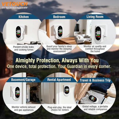 4-in-1 Plug-in Carbon Monoxide & Smoke Detector with Color Screen Display, Monitor for CO/Temp/Humidity/Gas, Self-Test, Adjustable Sensitivity, 85dB Audio Alert, for Home Kitchen, Self-Test