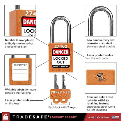 TRADESAFE Lockout Tagout Locks Set - 10 Orange Loto Locks, Lockout Locks Keyed Different, 2 Keys Per Lock, OSHA Compliant Lock Out Tag Out Padlocks, Safety Padlocks for Electrical Lockout Tag Out Kits