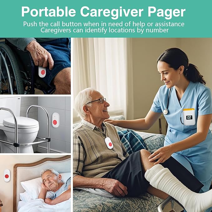 Caregiver Pager Wireless Call Button for Elderly Monitoring Vibration Call Bell Medical Alert System with Digital Display for Elderly/Patient/Disabled at Home/Hospital/Clinic