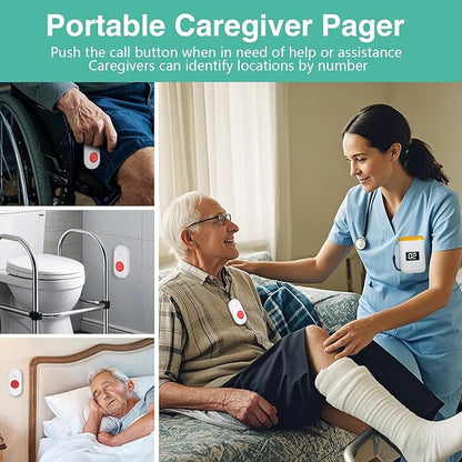 Caregiver Pager Wireless Call Button for Elderly Monitoring Vibration Call Bell Medical Alert System with Digital Display for Elderly/Patient/Disabled at Home/Hospital/Clinic